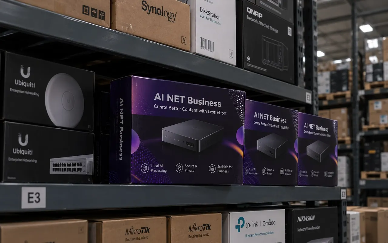 Warehouse rack stocked with AI NET Business boxes alongside Ubiquiti, Synology, QNAP, MikroTik, TP-Link Omada and Hikvision networking and storage products