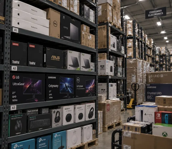 Warehouse shelves stocked with MacBook Air, Dell XPS, Lenovo ThinkPad, LG and Samsung monitors, Logitech, Sony headphones, TP-Link and Ubiquiti networking, plus PlayStation, Xbox and Nintendo Switch consoles