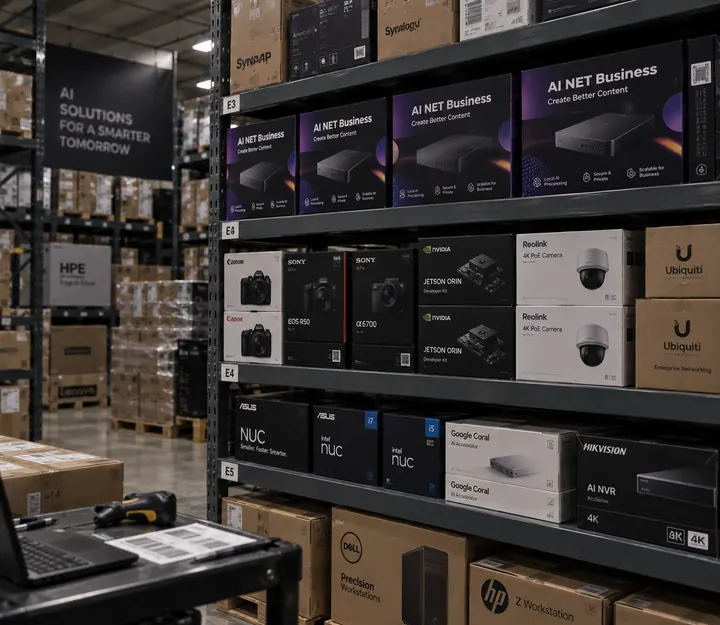 Warehouse shelves stocked with AI NET Business, NVIDIA Jetson Orin, Google Coral, Hikvision AI NVR, ASUS NUC, Canon and Sony cameras, and Ubiquiti networking