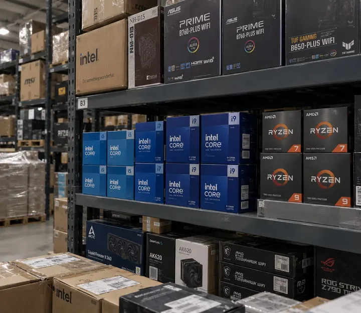 Warehouse shelves stocked with Intel Core i5, i7 and i9 and AMD Ryzen 7 and Ryzen 9 processors alongside ASUS and MSI motherboards