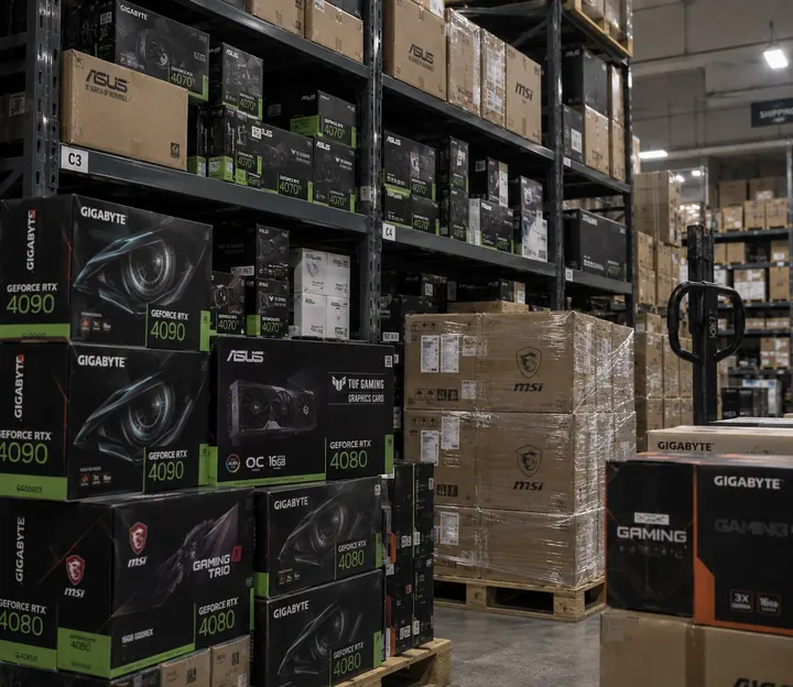 Warehouse shelves stocked with GeForce RTX 4090, 4080 and 4070 graphics cards from Gigabyte, ASUS and MSI
