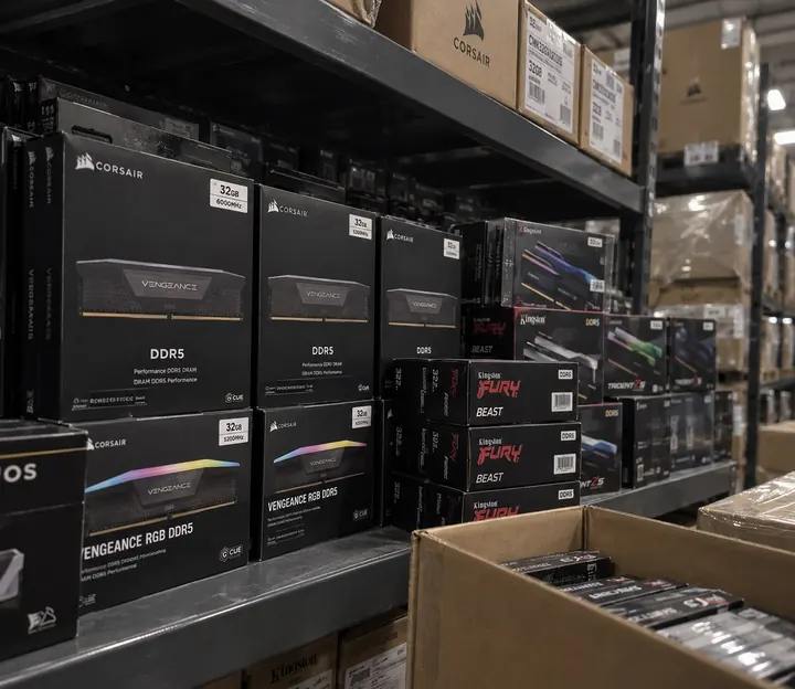Warehouse shelves stocked with Corsair Vengeance DDR5, Kingston FURY Beast and G.Skill Trident Z5 memory modules