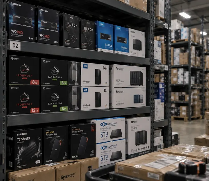 Warehouse shelves stocked with Samsung 990 PRO, WD Black, Crucial P3 Plus NVMe SSDs, Seagate IronWolf and BarraCuda hard drives, Samsung T7 Shield and SanDisk Extreme portable SSDs, plus Synology and QNAP NAS units